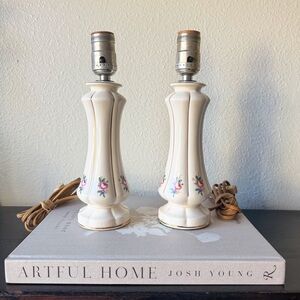 Vintage Porcelain Candlestick Table Lamps Floral & Gold  Trim - WIRING UNTESTED